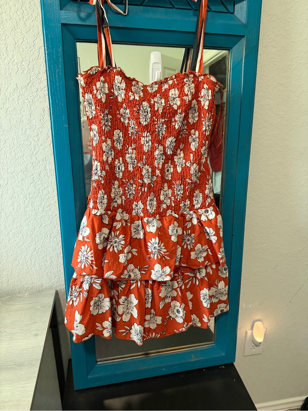 Francesca's Orange Floral Smocked Dress with White Print